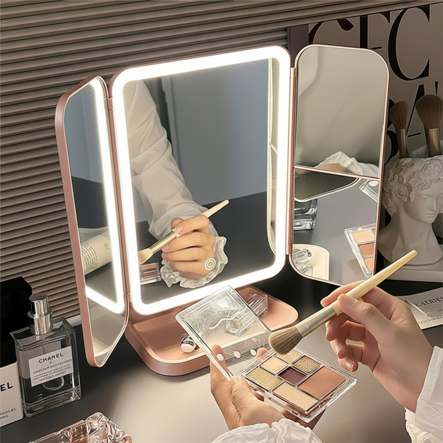 Luz Bella™ Espejo LED de Maquillaje Tríptico Rosa Premium